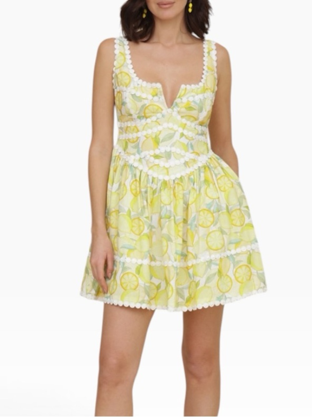 Avec Les Filles Lemon Print Lace Trim Fit and Flare Mini Dress NWT Size 14